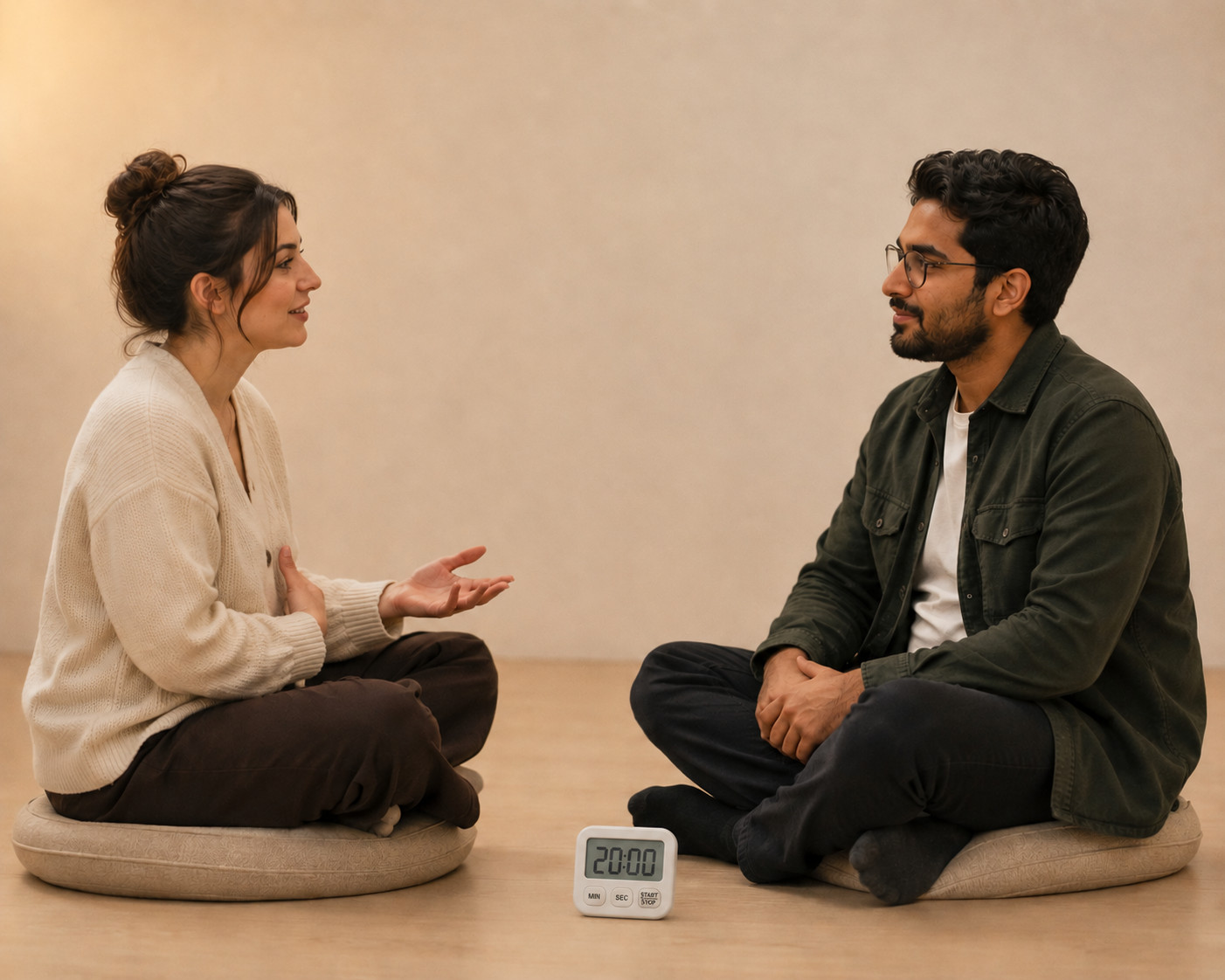 Two people on floor cushions facing each other